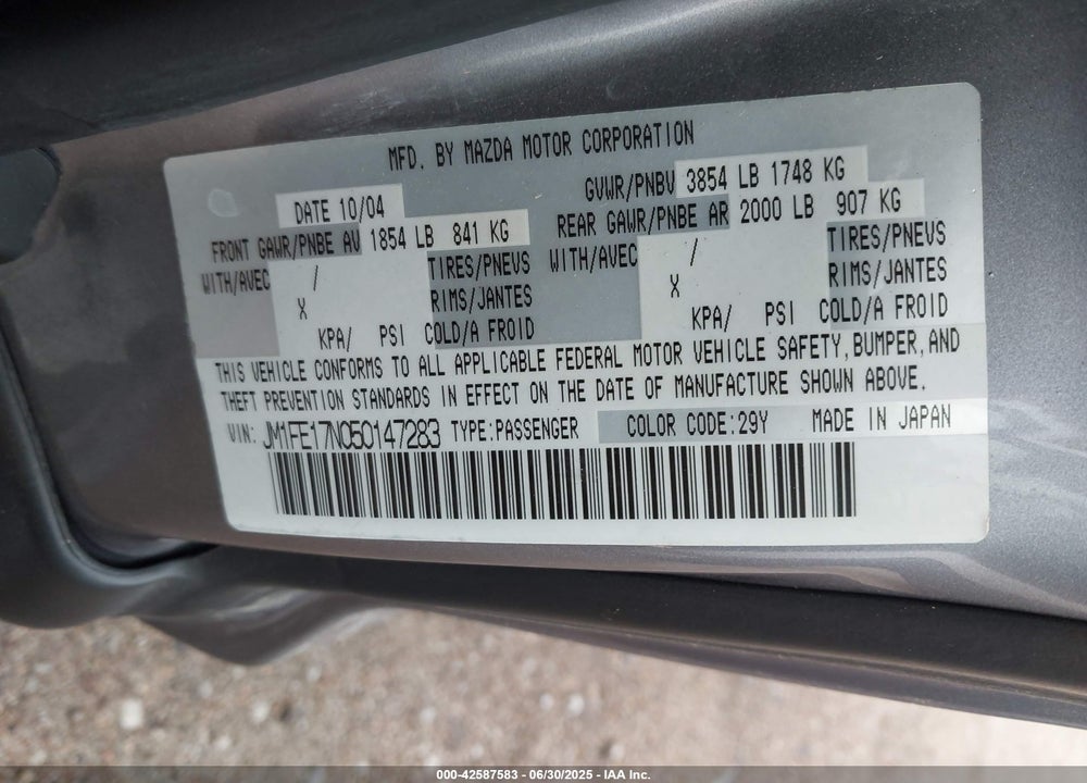 2005 MAZDA RX-8 SPORT AUTOMATIC VIN: JM1FE17N050147283