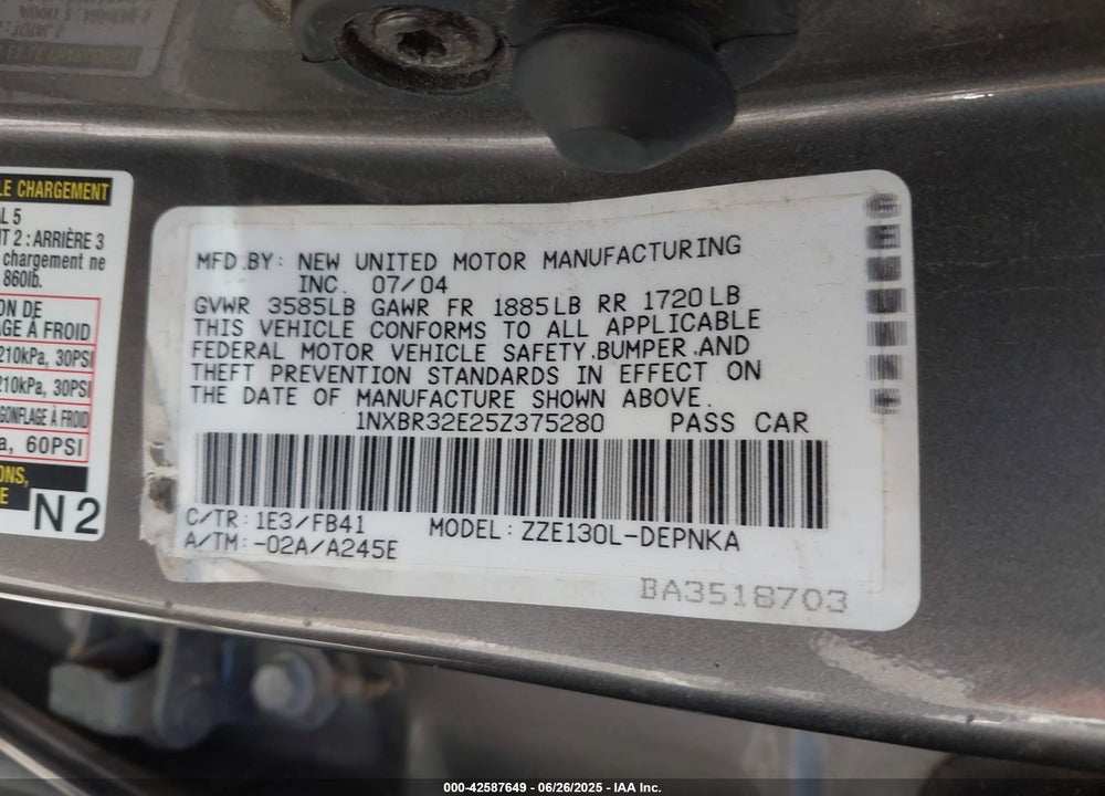 2005 TOYOTA COROLLA LE VIN: 1NXBR32E25Z375280