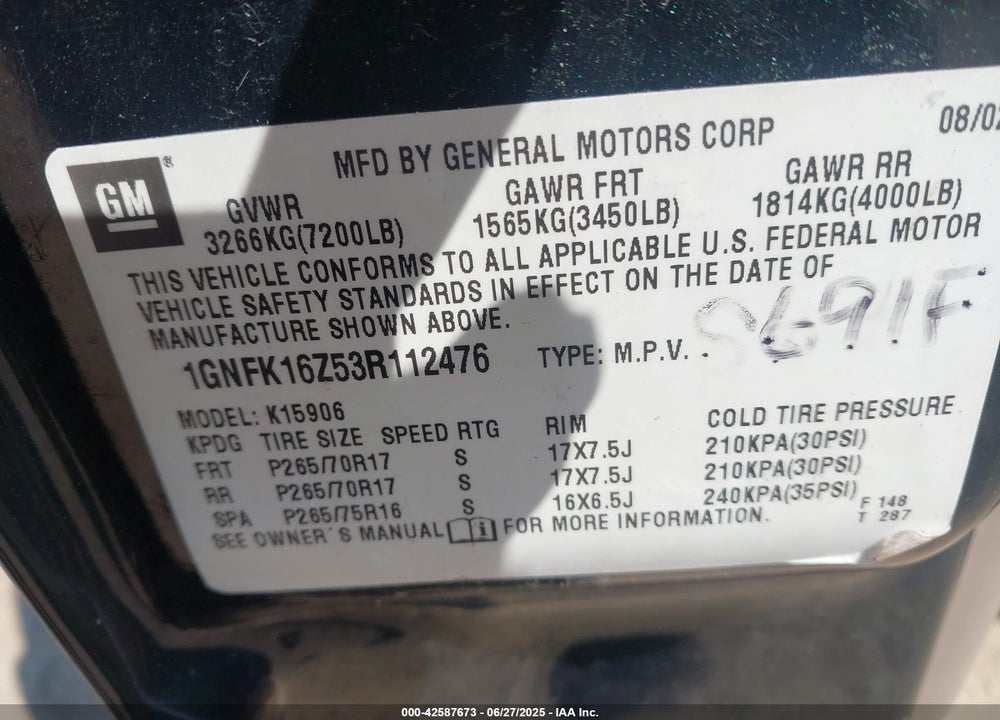 2003 CHEVROLET SUBURBAN 1500 Z71 VIN: 1GNFK16Z53R112476