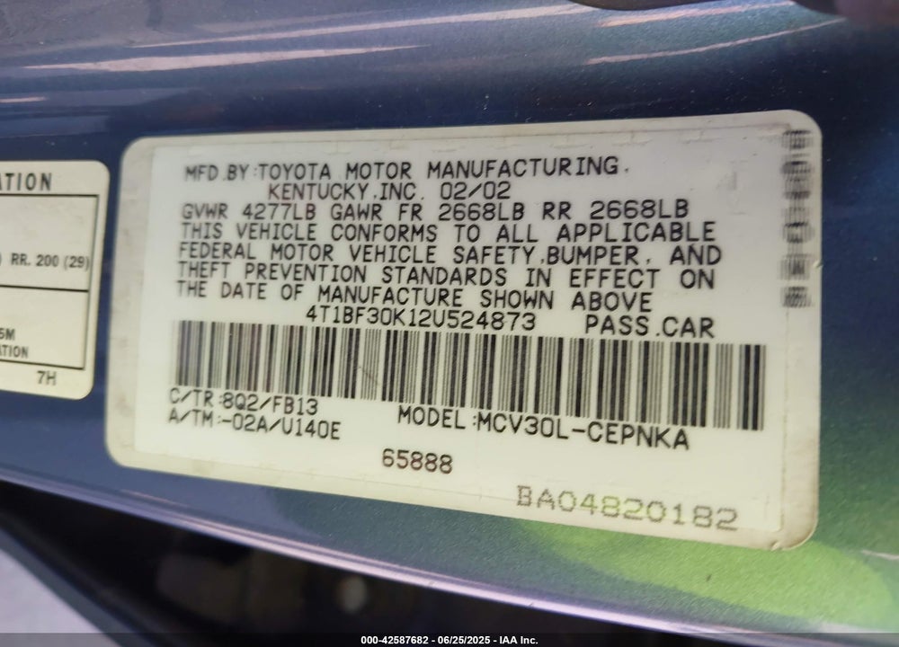2002 TOYOTA CAMRY LE V6 VIN: 4T1BF30K12U524873