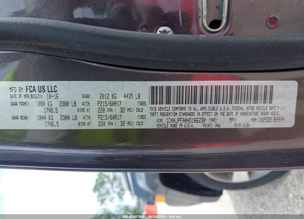 2017 JEEP PATRIOT VIN: 1C4NJPFA0HD166230