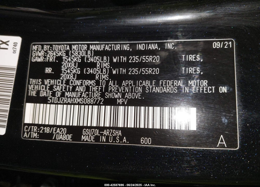 2021 TOYOTA HIGHLANDER VIN: 5TDJZRAHXMS088772