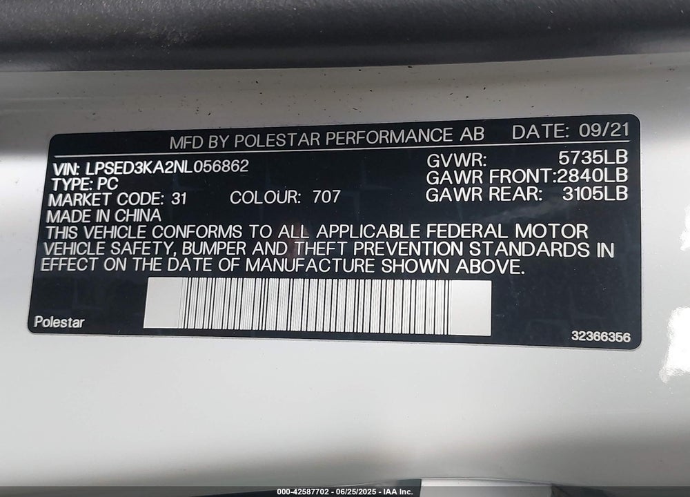 2022 POLESTAR 2 LONG RANGE DUAL MOTOR VIN: LPSED3KA2NL056862