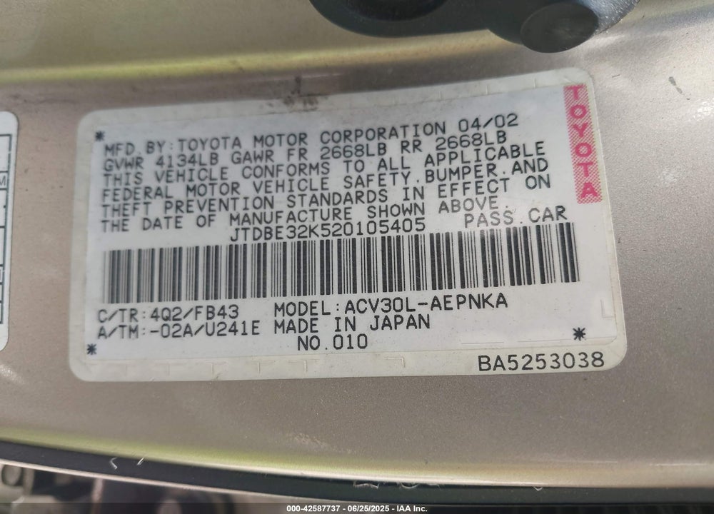2002 TOYOTA CAMRY LE VIN: JTDBE32K520105405