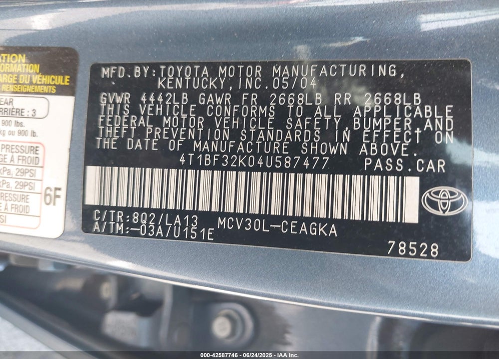 2004 TOYOTA CAMRY XLE V6 VIN: 4T1BF32K04U587477