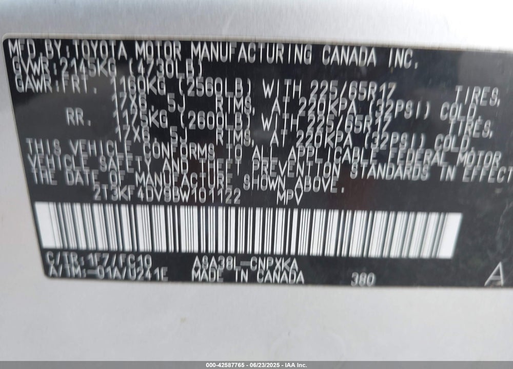 2011 TOYOTA RAV4 VIN: 2T3KF4DV9BW101122