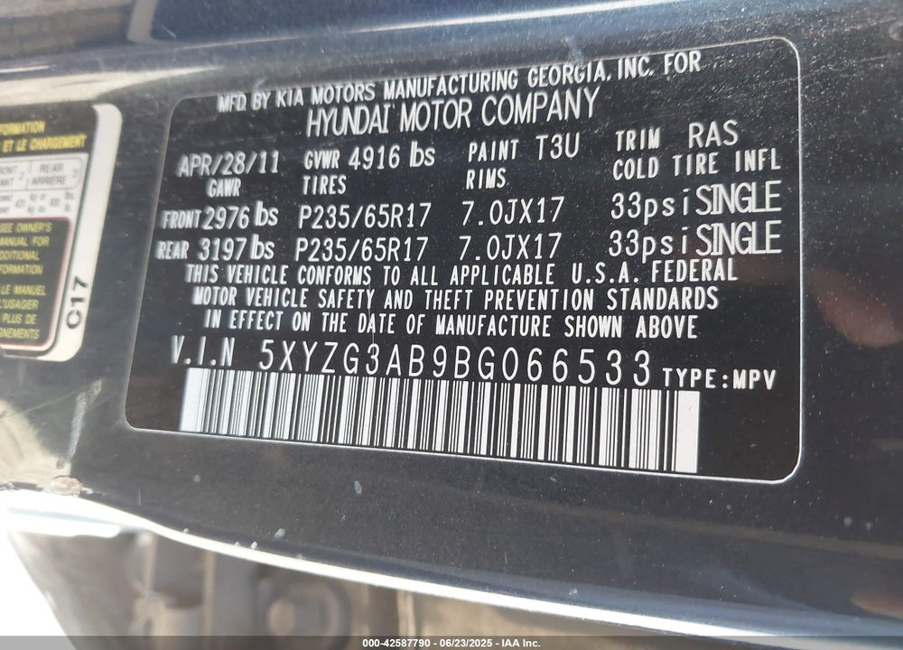 2011 HYUNDAI SANTA FE GLS VIN: 5XYZG3AB9BG066533