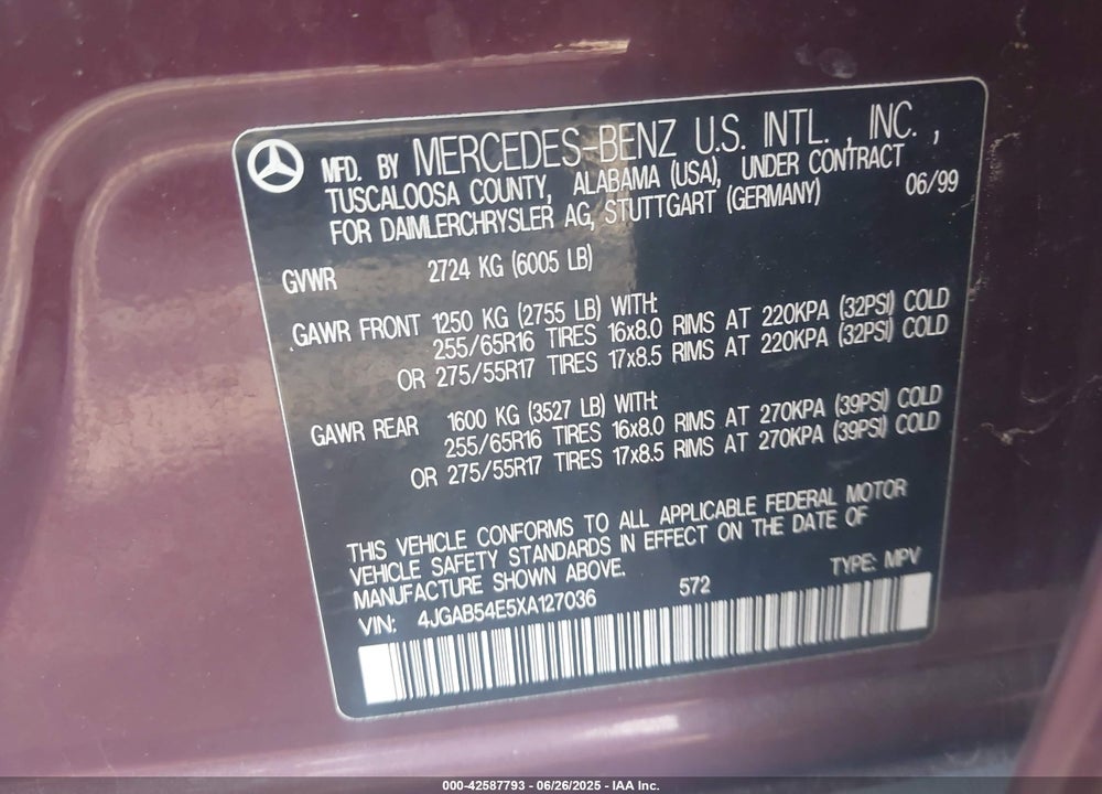 1999 MERCEDES-BENZ ML 320 VIN: 4JGAB54E5XA127036