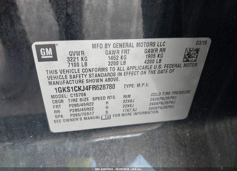 2015 GMC YUKON VIN: 1GKS1CKJ4FR628780