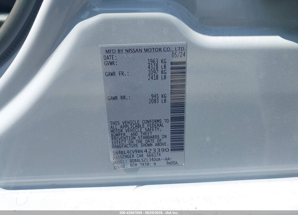 2024 NISSAN ALTIMA VIN: 1N4BL4CV9RN423390