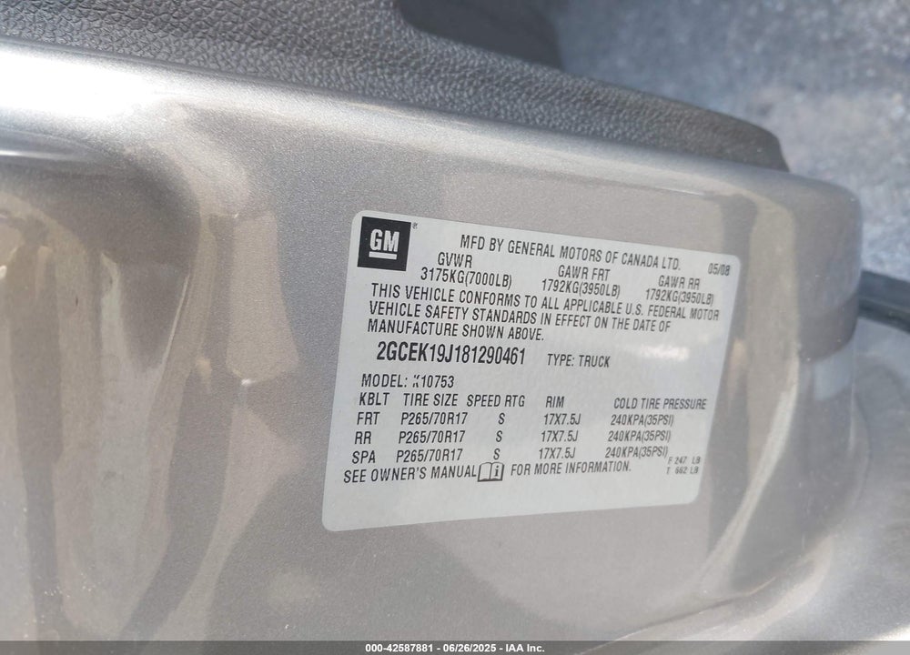 2008 CHEVROLET SILVERADO VIN: 2GCEK19J181290461