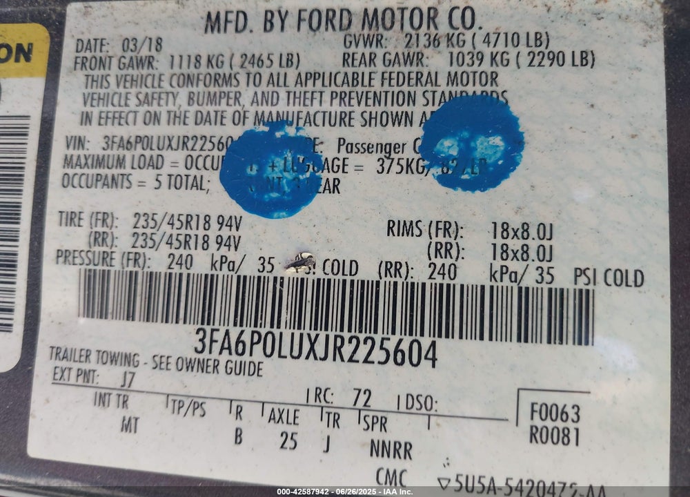 2018 FORD FUSION HYBRID VIN: 3FA6P0LUXJR225604