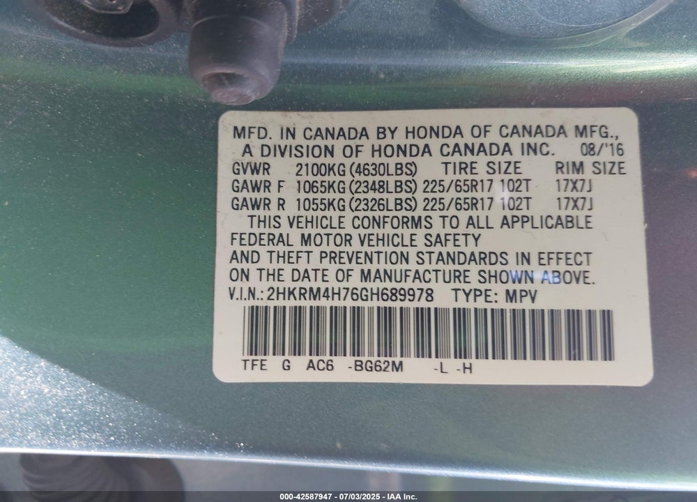 2016 HONDA CR-V VIN: 2HKRM4H76GH689978