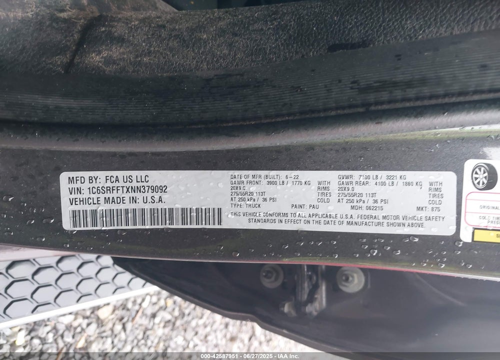 2022 RAM 1500 VIN: 1C6SRFFTXNN379092