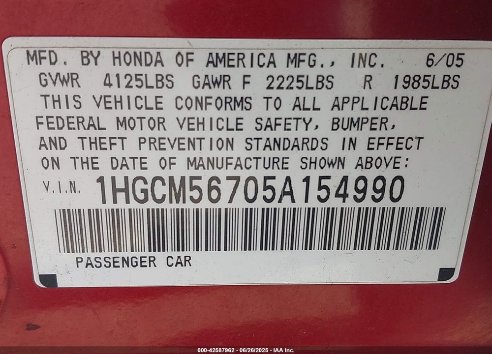 2005 HONDA ACCORD EX VIN: 1HGCM56705A154990