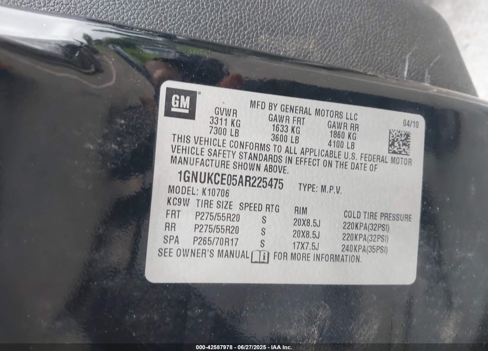 2010 CHEVROLET TAHOE VIN: 1GNUKCE05AR225475