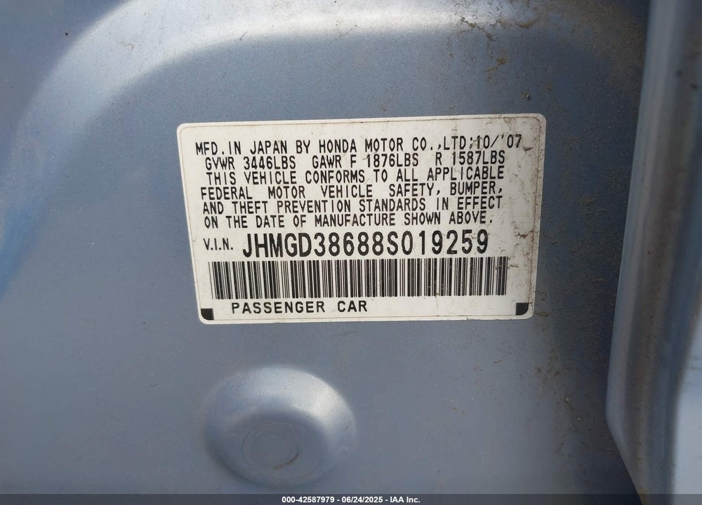 2008 HONDA FIT VIN: JHMGD38688S019259