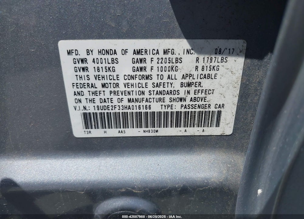 2017 ACURA ILX VIN: 19UDE2F33HA016166