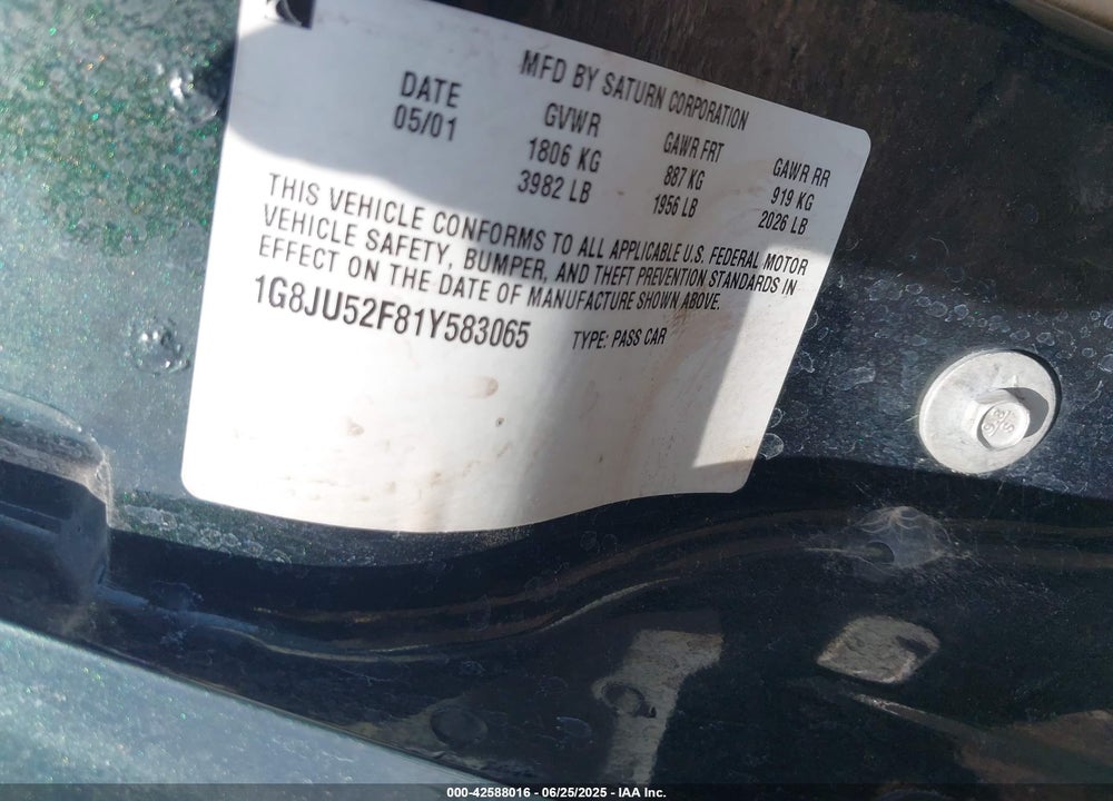2001 SATURN L200 VIN: 1G8JU52F81Y830650
