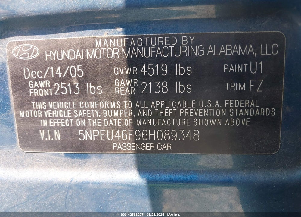 2006 HYUNDAI SONATA VIN: 5NPEU46F96H089348