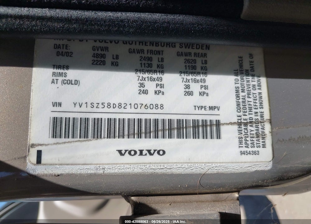 2002 VOLVO V70 XC VIN: YV1SZ58D821076088