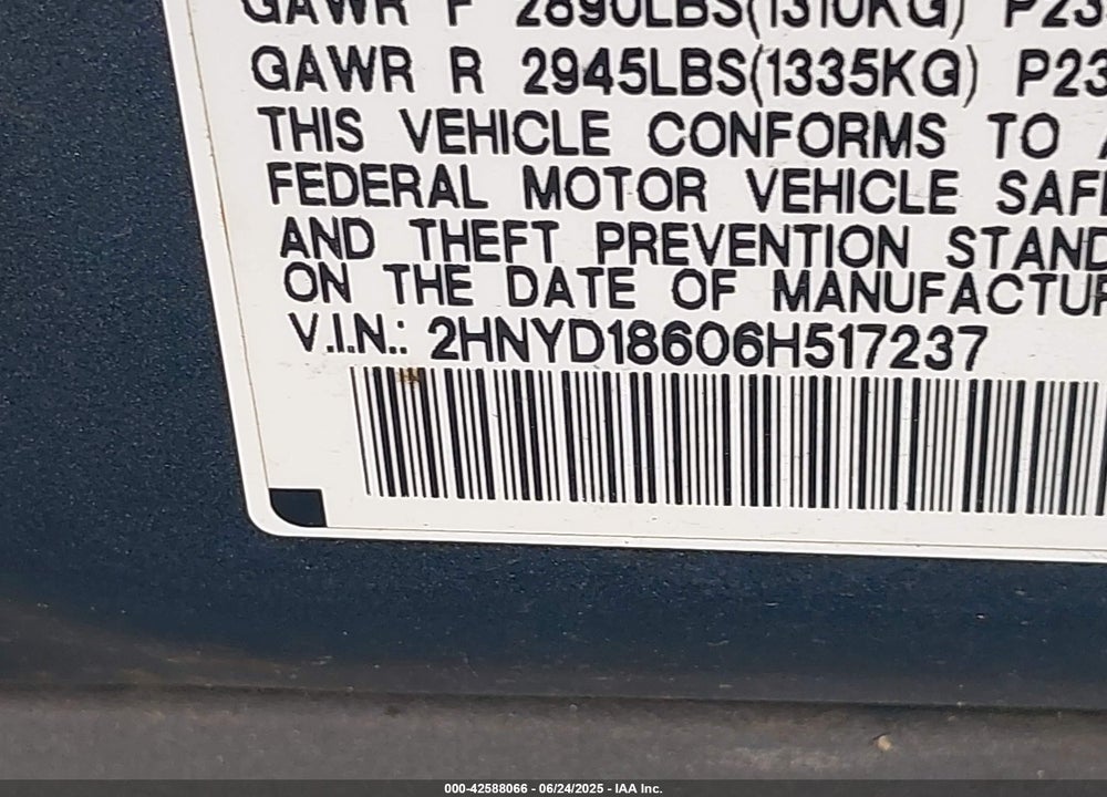 2006 ACURA MDX VIN: 2HNYD18606H517237