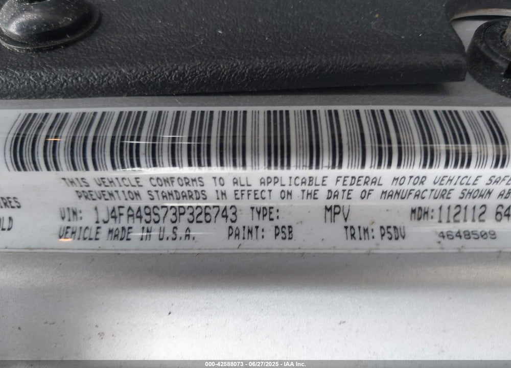 2003 JEEP WRANGLER SPORT VIN: 1J4FA49S73P326743