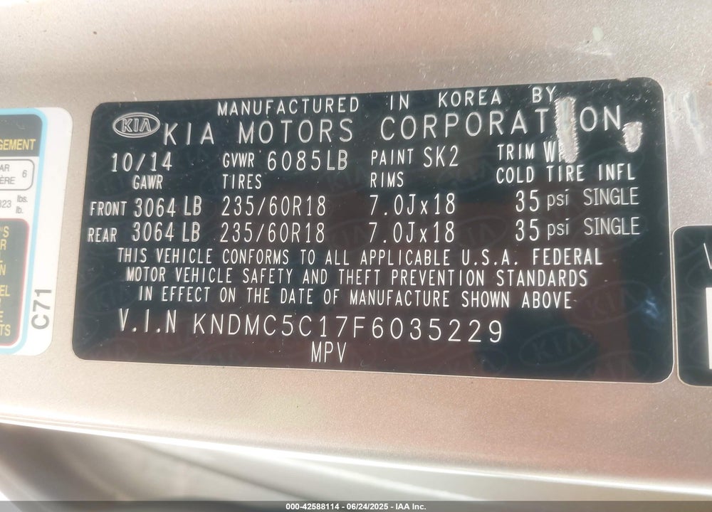 2015 KIA SEDONA SX VIN: KNDMC5C17F6035229