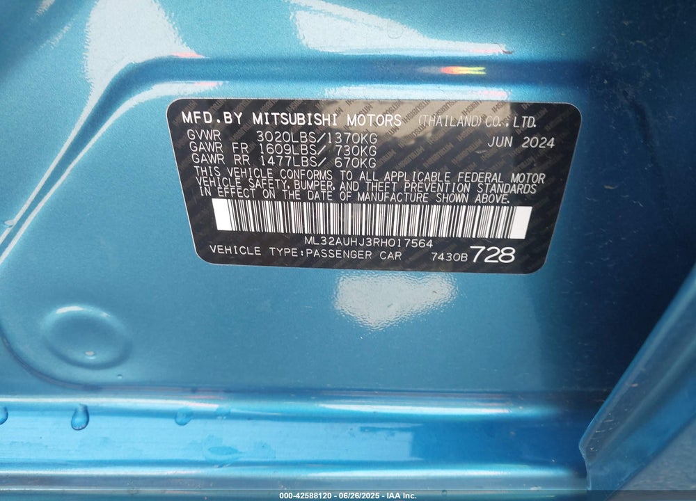 2024 MITSUBISHI MIRAGE ES/LE VIN: ML32AUHJ3RH017564