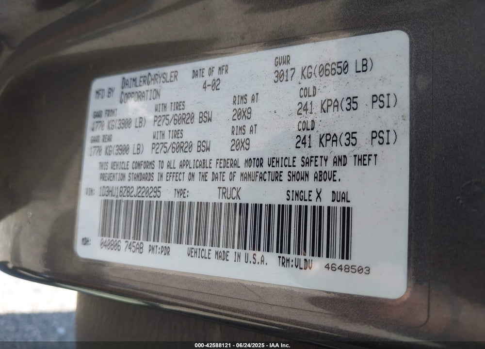 2002 DODGE RAM 1500 ST VIN: 1D3HU18Z82J220295