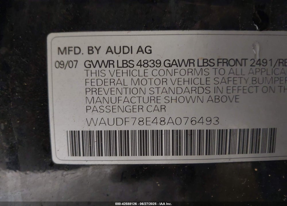 2008 AUDI A4 2.0T VIN: WAUDF78E48A076493