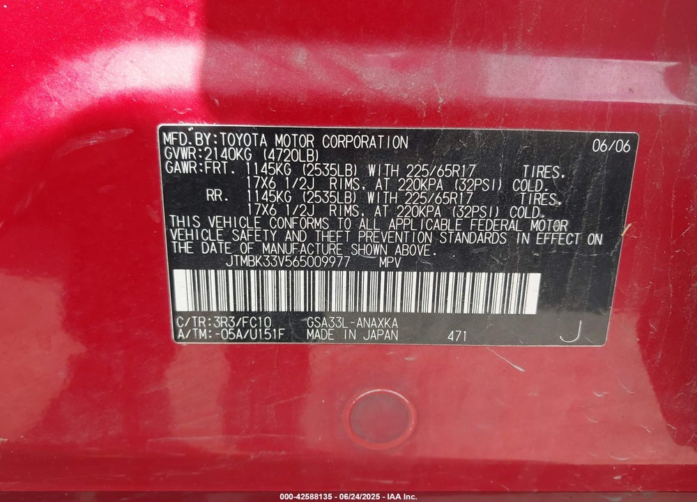 2006 TOYOTA RAV4 BASE V6 VIN: JTMBK33V565009977