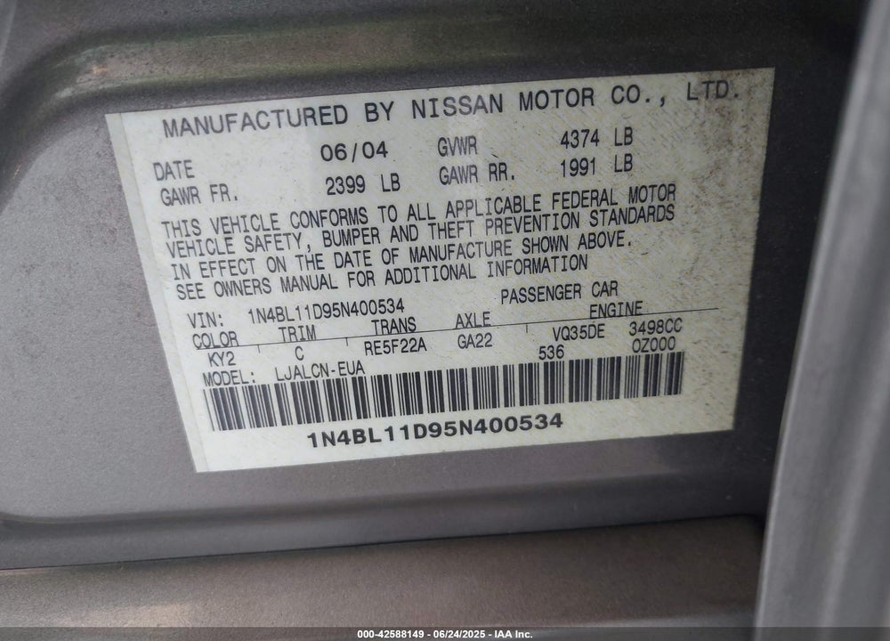 2005 NISSAN ALTIMA 3.5 SE VIN: 1N4BL11D95N400534