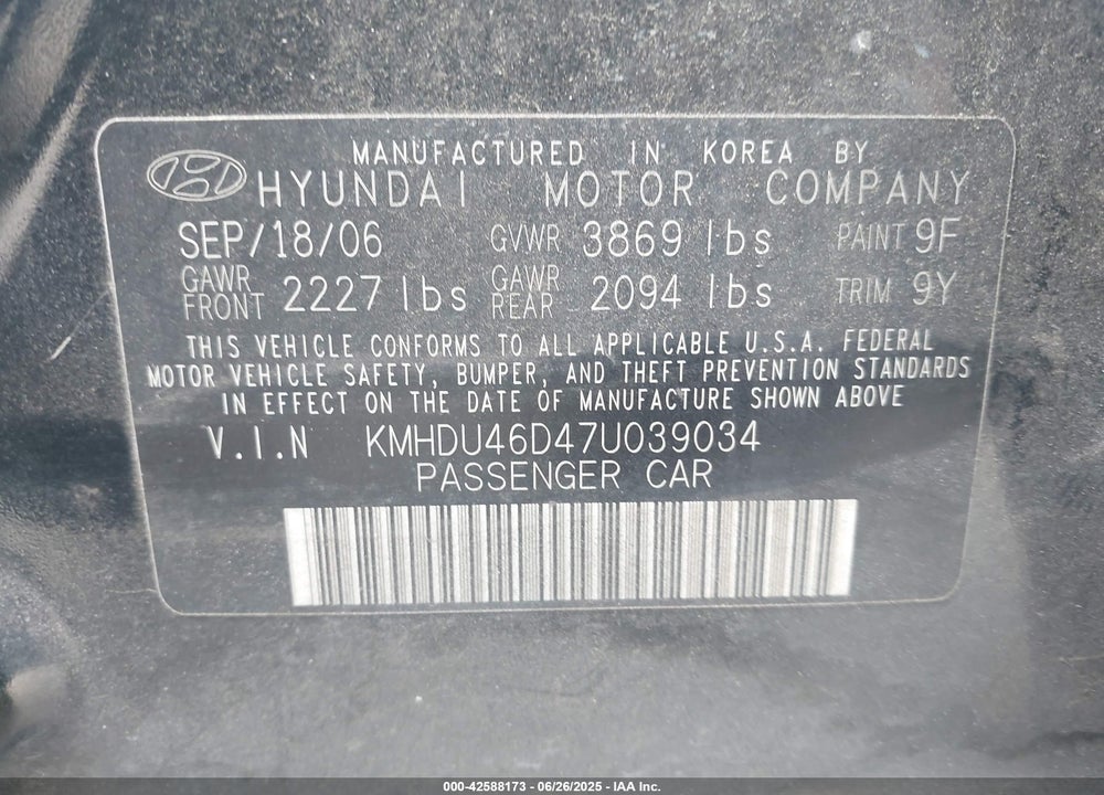 2007 HYUNDAI ELANTRA GLS/LIMITED/SE VIN: KMHDU46D47U039034