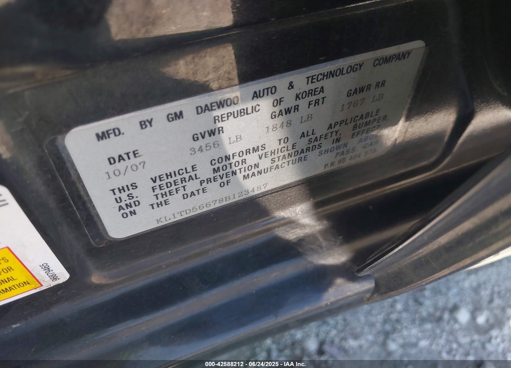 2008 CHEVROLET AVEO LS VIN: KL1TD56678B123487