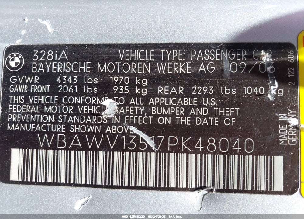 2007 BMW 328I VIN: WBAWV13517PK48040