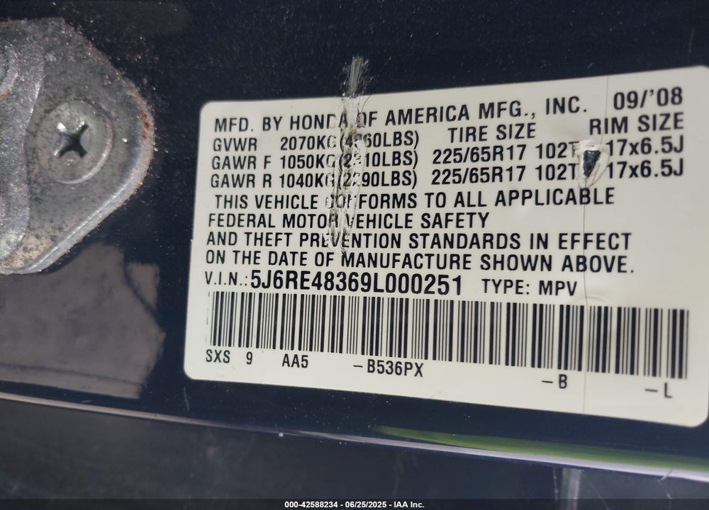 2009 HONDA CR-V VIN: 5J6RE48369L000251