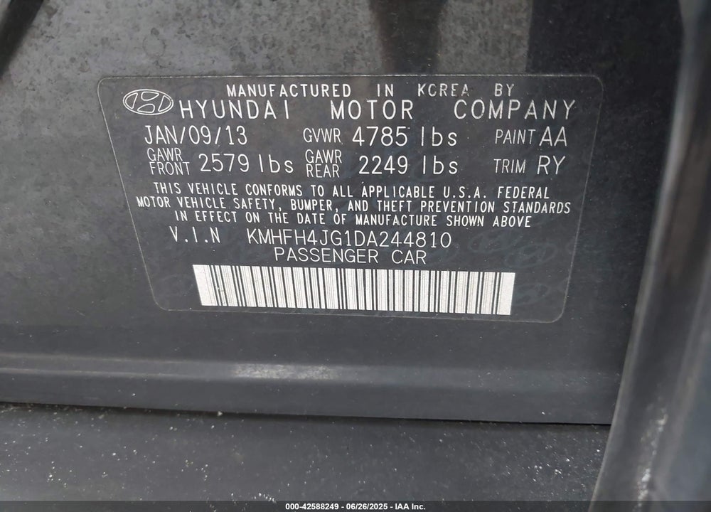 2013 HYUNDAI AZERA VIN: KMHFH4JG1DA244810