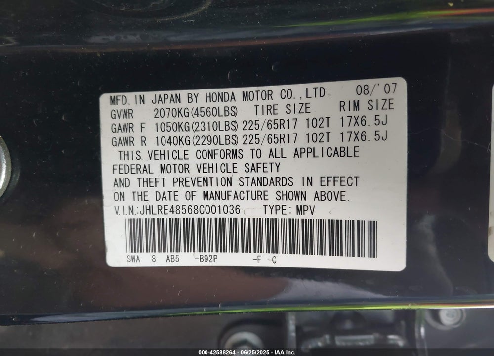 2008 HONDA CR-V VIN: JHLRE48568C001036