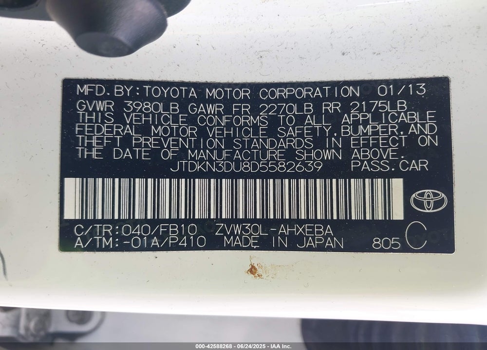2013 TOYOTA PRIUS TWO VIN: JTDKN3DU8D5582639