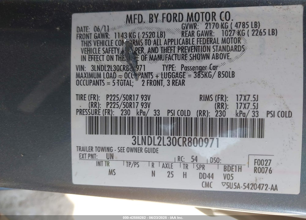 2012 LINCOLN MKZ VIN: 3LNDL2L30CR800971
