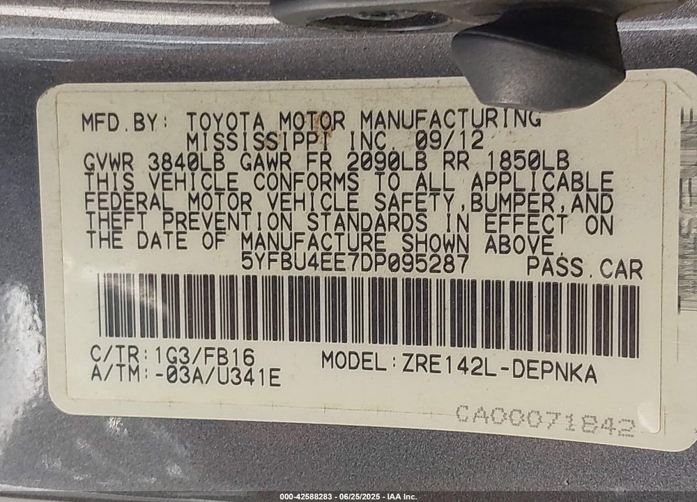 2013 TOYOTA COROLLA VIN: 5YFBU4EE7DP095287