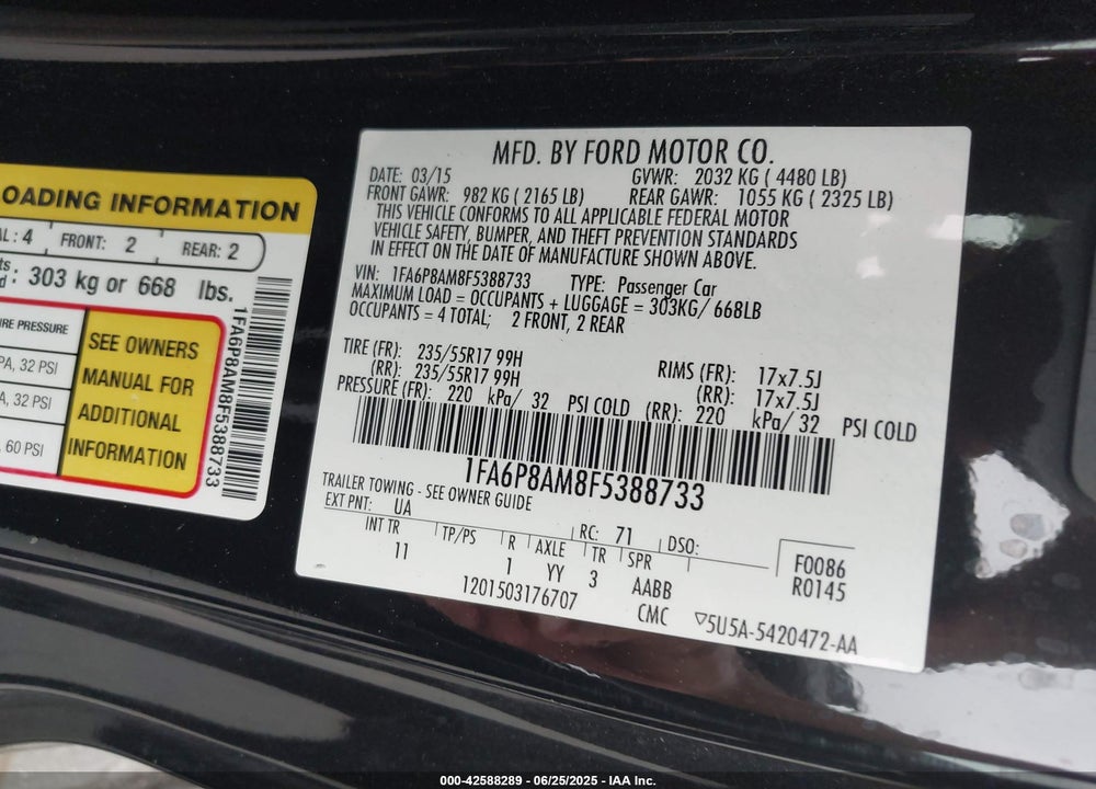 2015 FORD MUSTANG V6 VIN: 1FA6P8AM8F5388733
