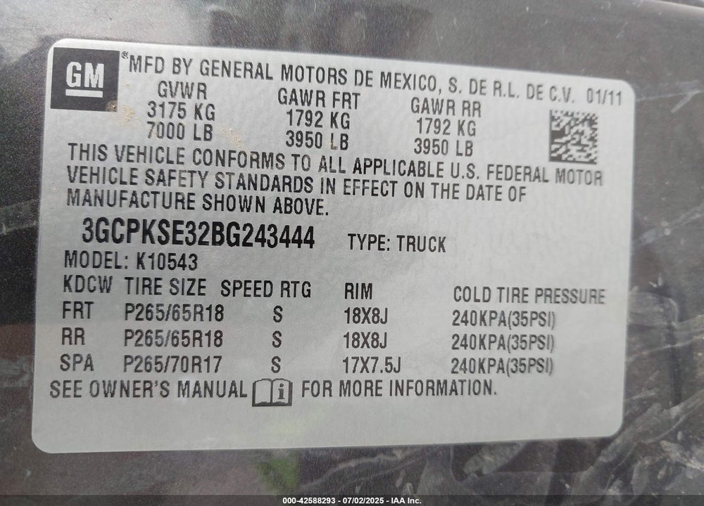 2011 CHEVROLET SILVERADO 1500 VIN: 3GCPKSE32BG243444