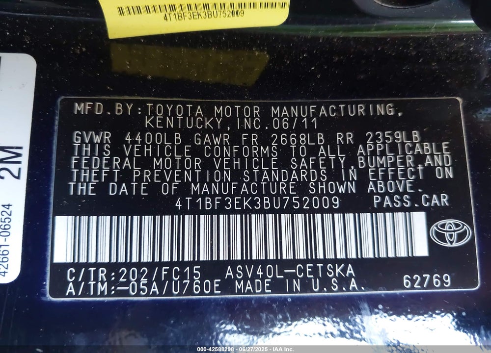 2011 TOYOTA CAMRY VIN: 4T1BF3EK3BU752009
