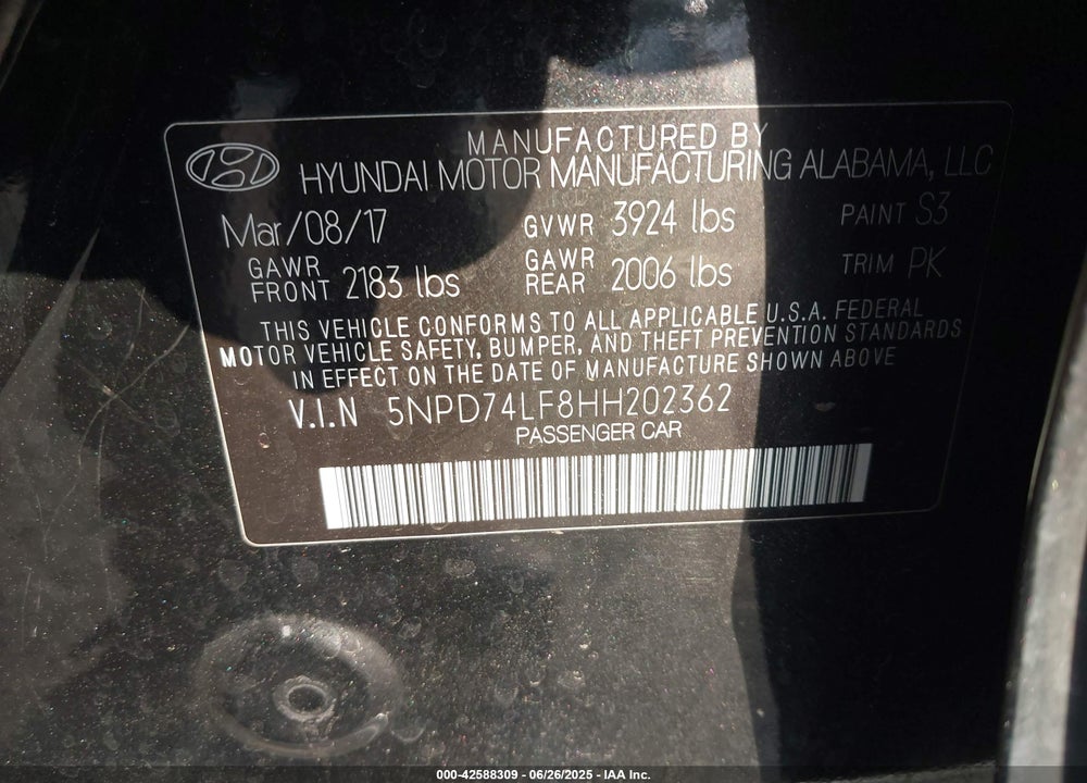 2017 HYUNDAI ELANTRA SE VIN: 5NPD74LF8HH202362
