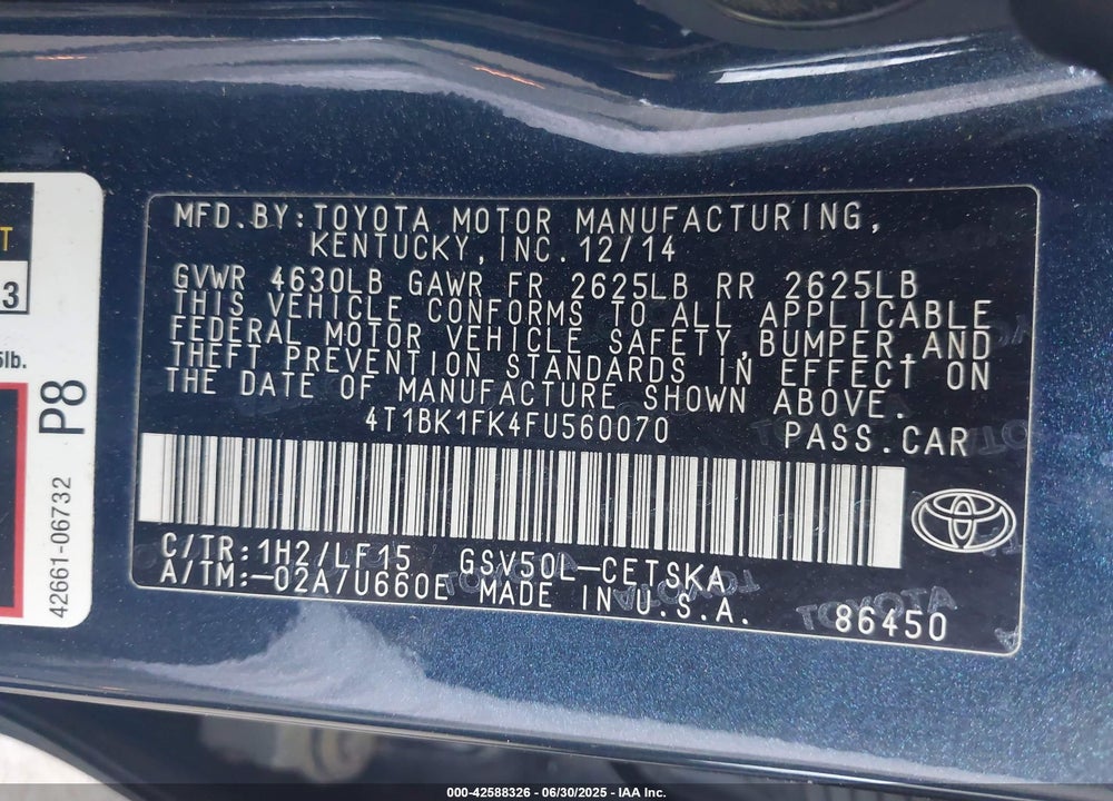 2015 TOYOTA CAMRY VIN: 4T1BK1FK4FU560070