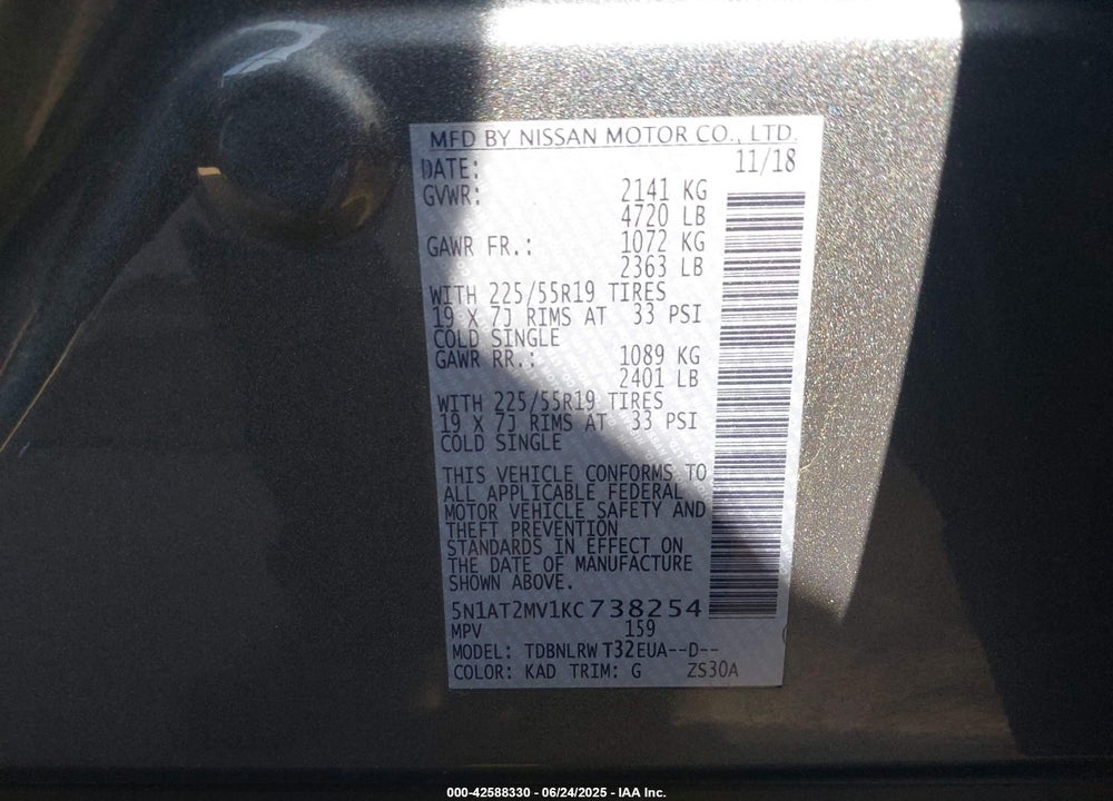 2019 NISSAN ROGUE VIN: 5N1AT2MV1KC738254