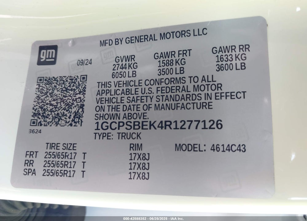 2024 CHEVROLET COLORADO VIN: 1GCPSBEK4R1277126