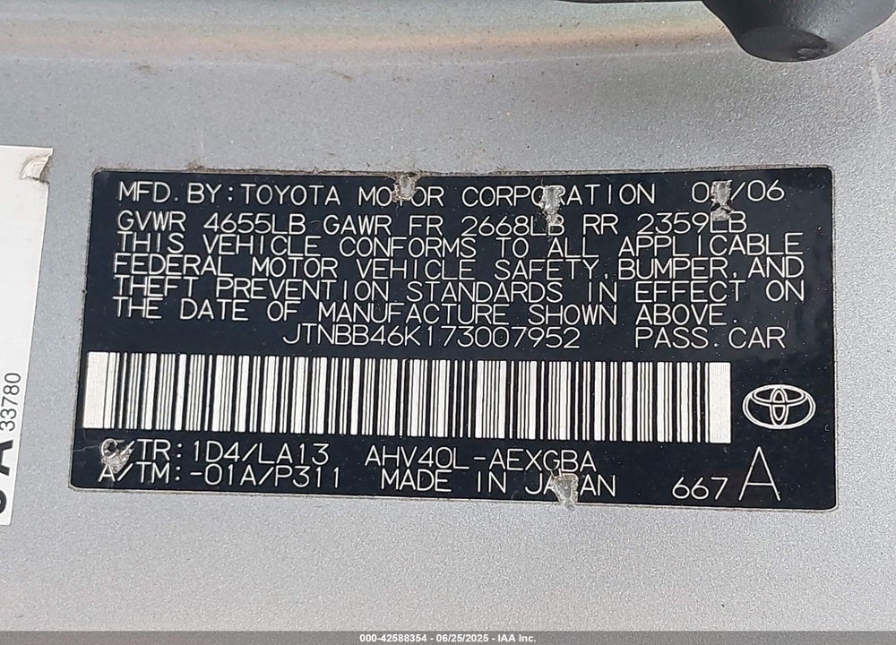 2007 TOYOTA CAMRY HYBRID VIN: JTNBB46K173007952